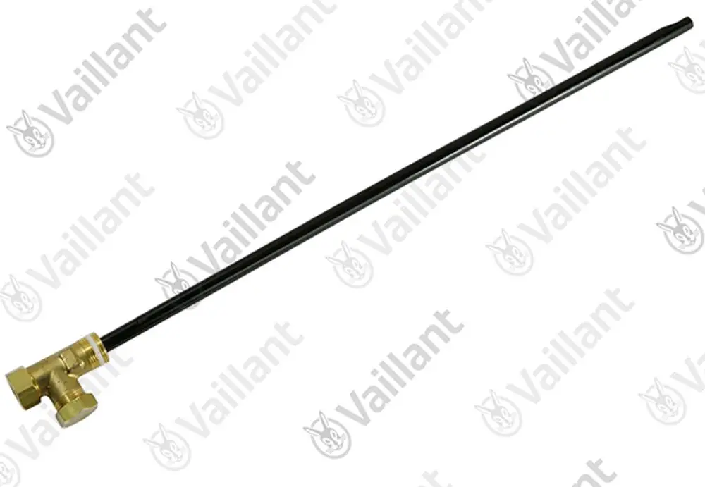 Vaillant Tauchhülse mit Winkel, aus Metall, mit einem langen, schwarzen Rohr, das an einem Ende mit einer zylindrischen Verbindung versehen ist.